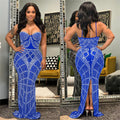 C6201   fashion women's solid color rhinestone mesh sleeveless spaghetti strap maxi dress