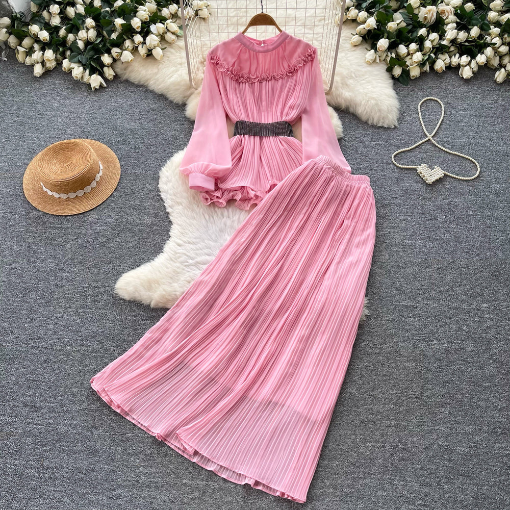 French work clothing style purple lantern sleeve waist pleated skirt for women autumelegantfashiontwo-piece set