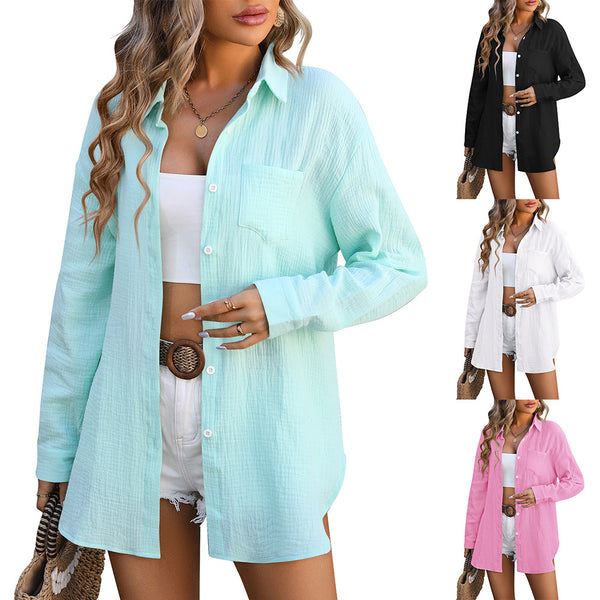 European and American   women's clothing spring and summer 2024 new  beach blouse wrinkled cloth casual shirt