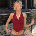 European and american women's clothing  summer new fashion v-neck tassel design backless tie-up sexy slim-fit tank top