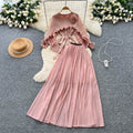 Sense of design stereo flower fungus edge patchworklong sleeves waist tops women's high waist pleated skirt miyake suit