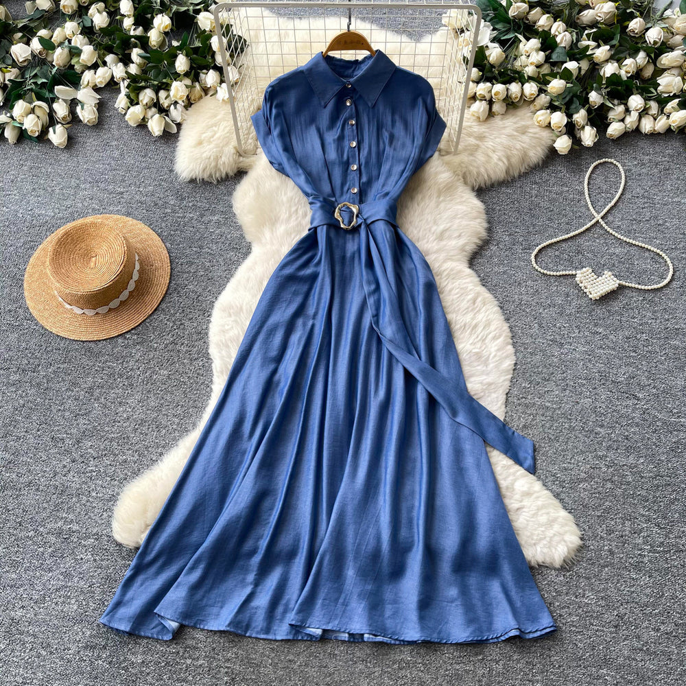 Frenchretrov neck metal button sleeveless dress women's summer k-style waist slimming lookeleganceelegantlong dress