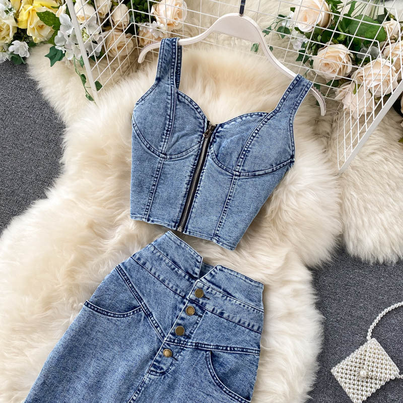 Hong kong style ins women's clothing suit2020new arrival female sexyshort camisole high waist denim skirt trendy