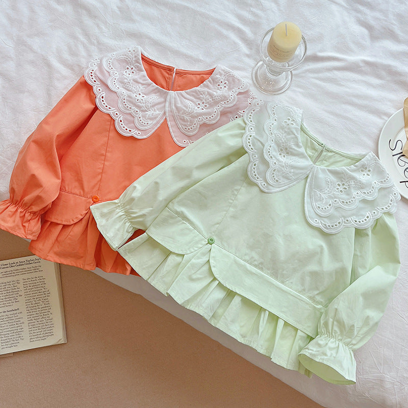 Girls'  autumn new collection: korean-style sweet lace peter pan collar faux two-piece shirt, long-sleeved spring/autumn top - trendy