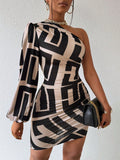 spring/summer european and american geometric print pullover one-shoulder slim-fit women's dress - elegant and chic