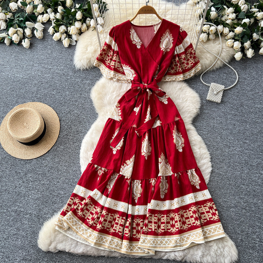 Bohemian print tie-waist dress - women's summer  v-neck slimming a-line maxi dress - red