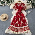 Bohemian print tie-waist dress - women's summer  v-neck slimming a-line maxi dress - red