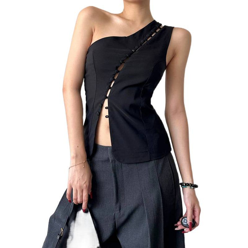women's spring  new fashion design asymmetrical neck hook-and-eye closure sleeveless tank top - hot girl style