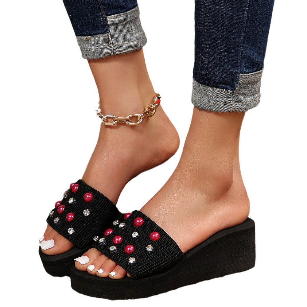 2024 new summer wedge heel round toe outdoor platform chunky sole rhinestone pearl one-strap sandals & slippers