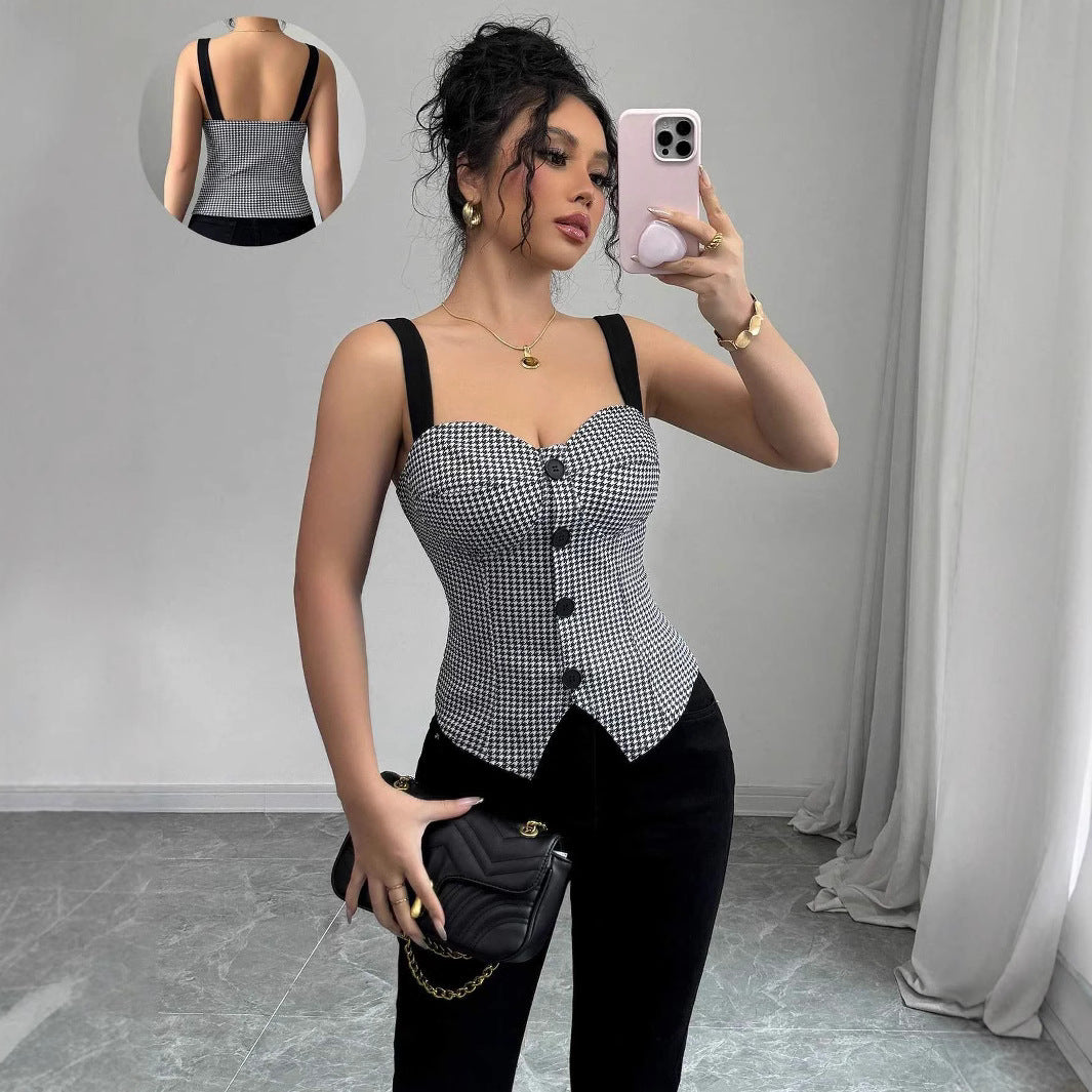 elegant slim-fit cardigan European and American  thousand-bird grid pattern single-breasted vest for women