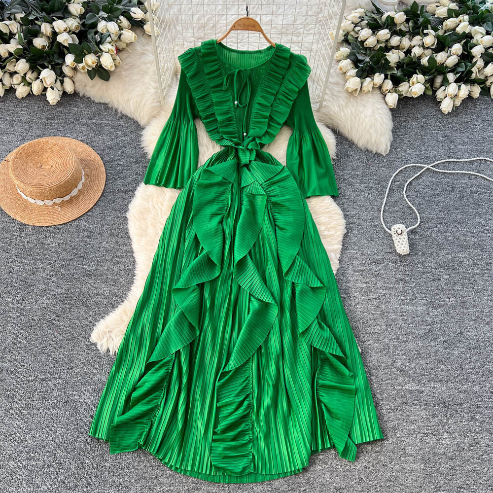 Korean style ruffle trim pleated bow dress - women's long sleeve tie-waist design a-line dress - rose red