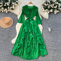 Korean style ruffle trim pleated bow dress - women's long sleeve tie-waist design a-line dress - rose red
