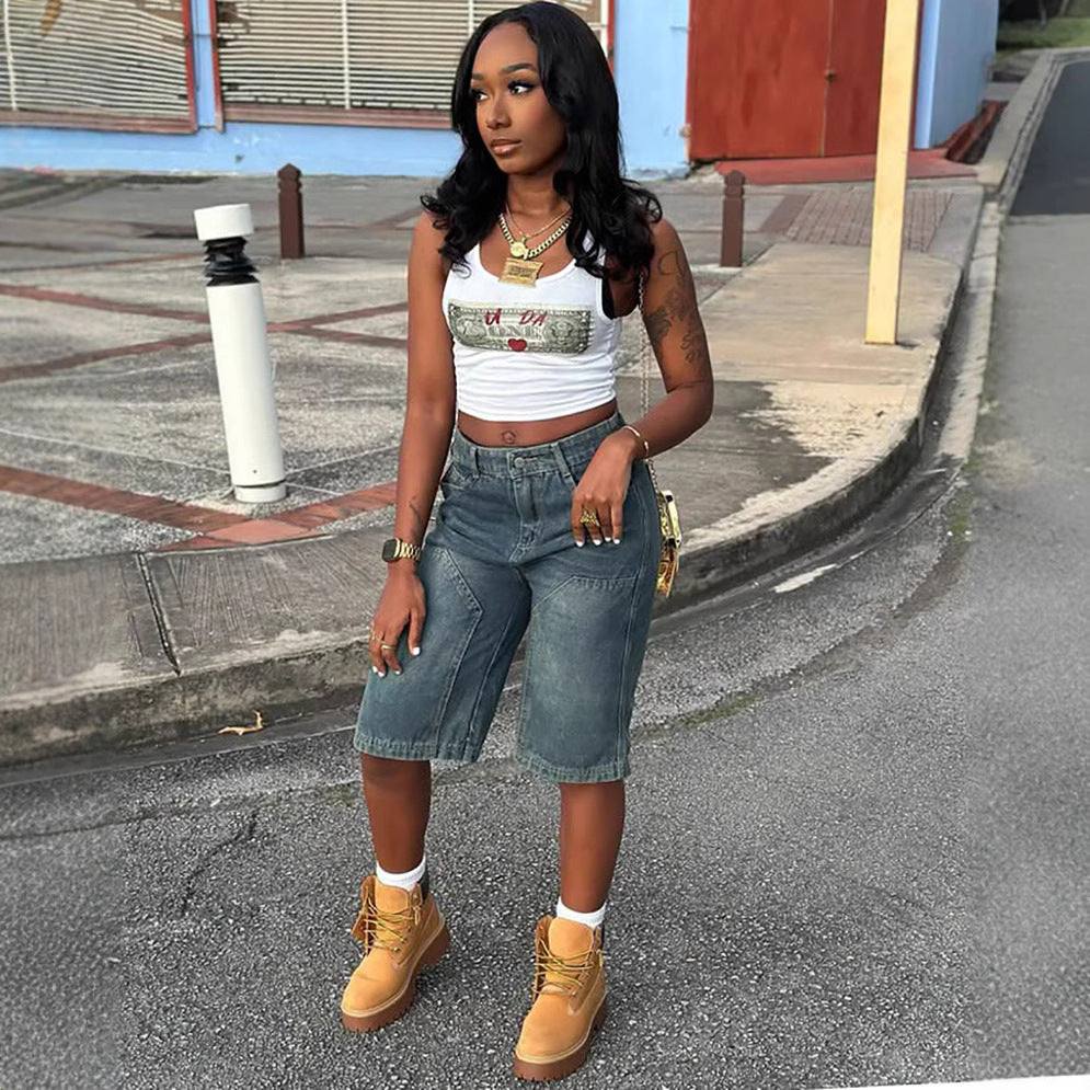 European and american cross-border women's fashion  women's casual denim shorts summer retro loose washed straight-leg denim shorts