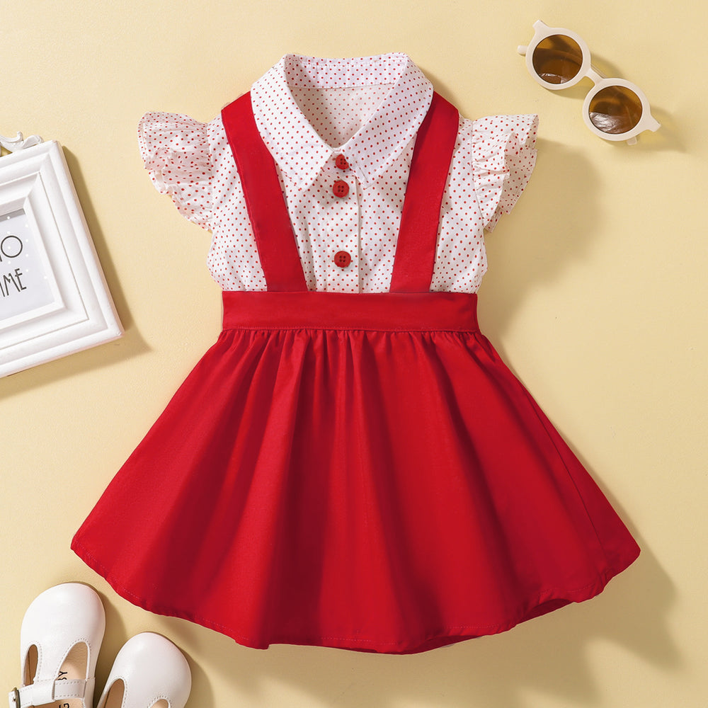 Kids' summer polka dot collar top & baby suspender pleated skirt chic two-piece set