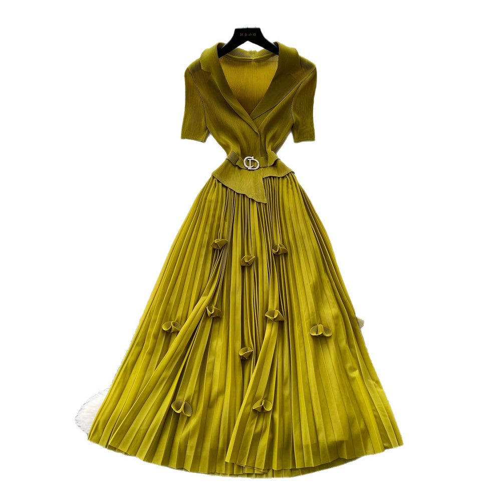 Lightly mature elegance style elastic suit collar dress female summerk-style waist slimming lookpleated long skirt work clothingelegant