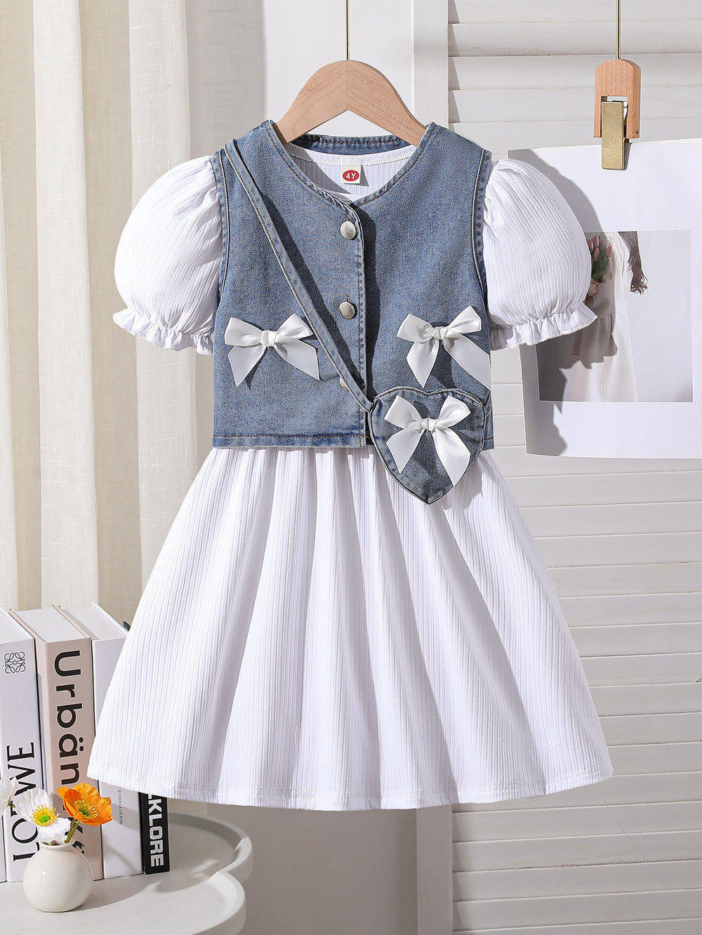 european and american cross-border girls' shirt dress, vest design, with heart-shaped bag three-piece set for girls