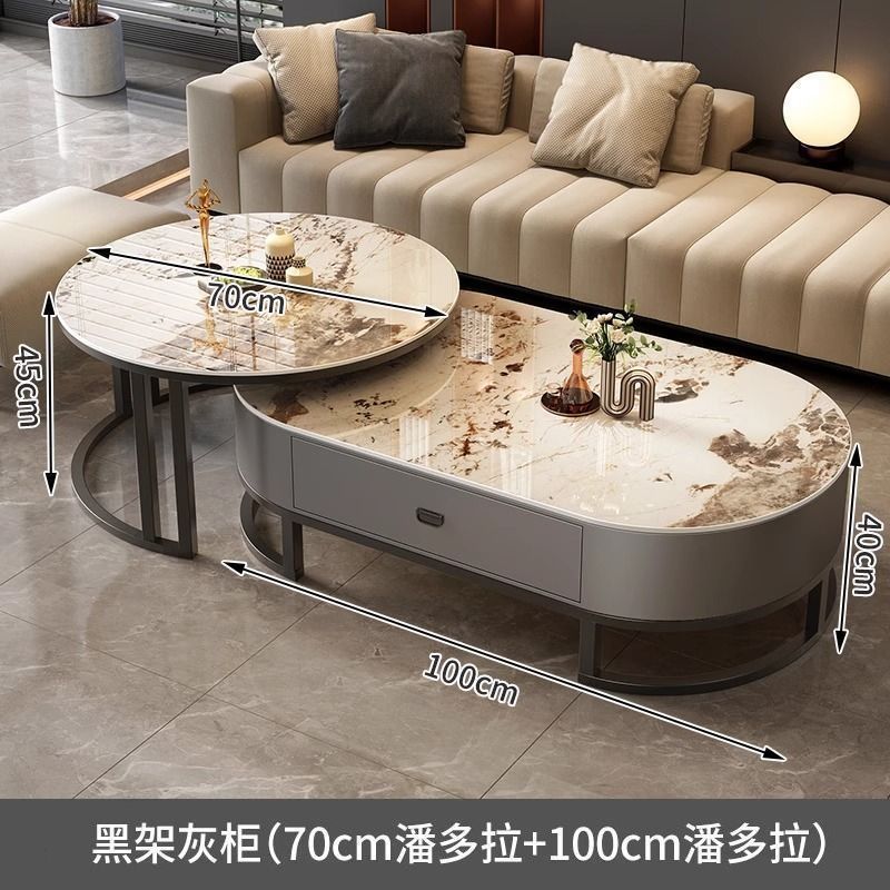 Italian light luxury oval glass coffee table living room home tea table high-end marble combination coffee table set