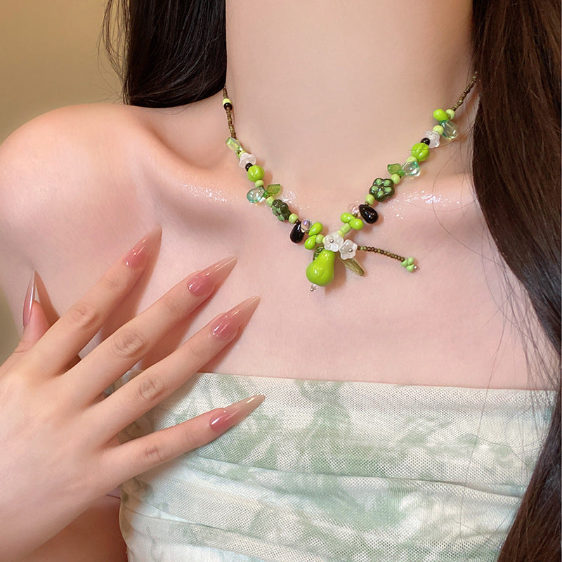 Green crystal beaded plant green pear necklace niche forest styleretro beaded clavicle chain sense of design necklace accessories