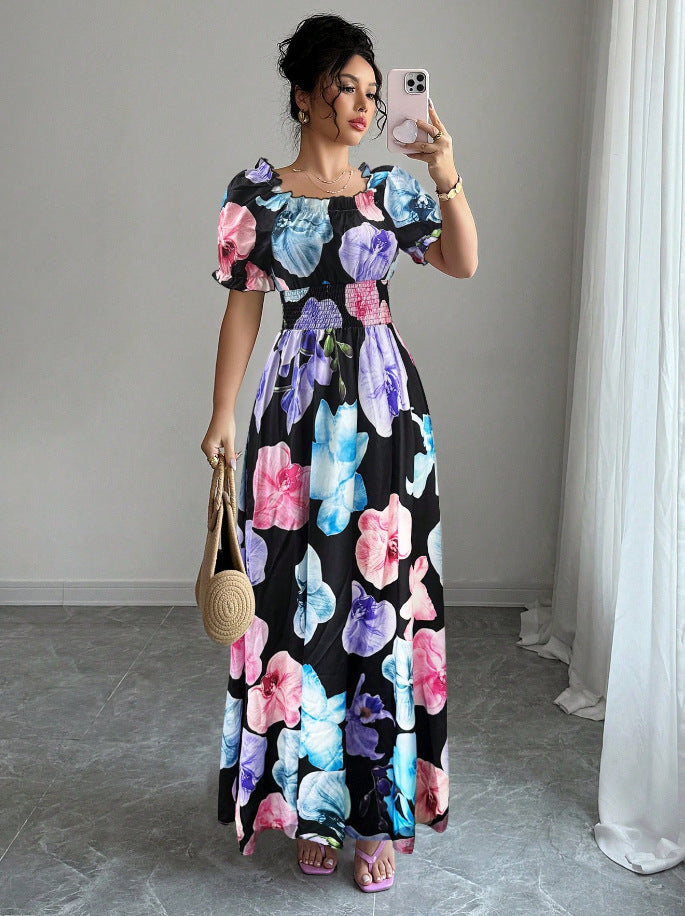summer  fashion new arrival puff sleeve high waist waist printing women's large swing suspender dress