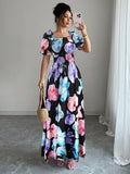 summer  fashion new arrival puff sleeve high waist waist printing women's large swing suspender dress