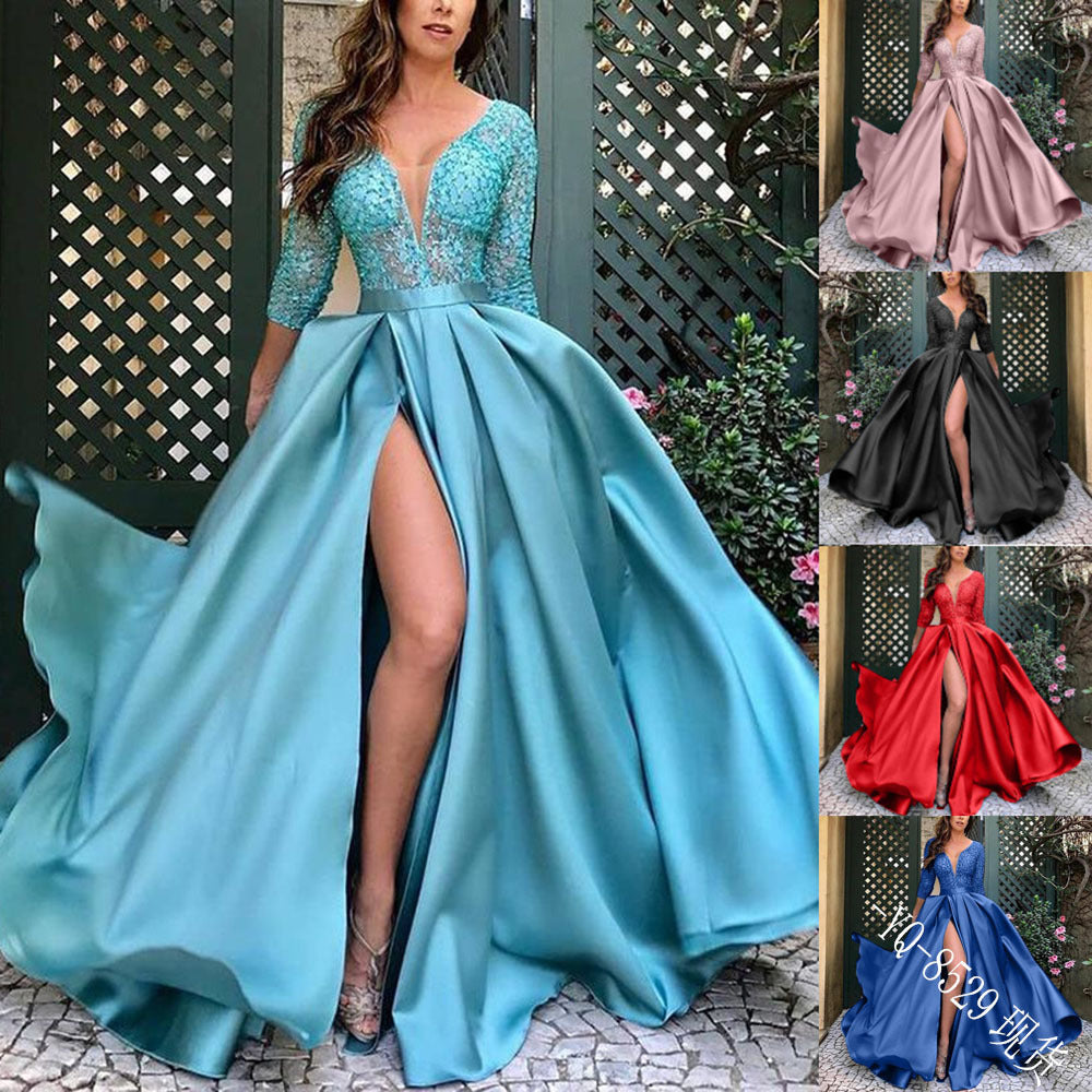 new european and american style women's foreign trade independent website lace sequin flared sexy long dress with train for banquet evening gowns
