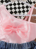 cross-border girls' bowknot solid color camisole top + ruffle hem denim shorts two-piece set