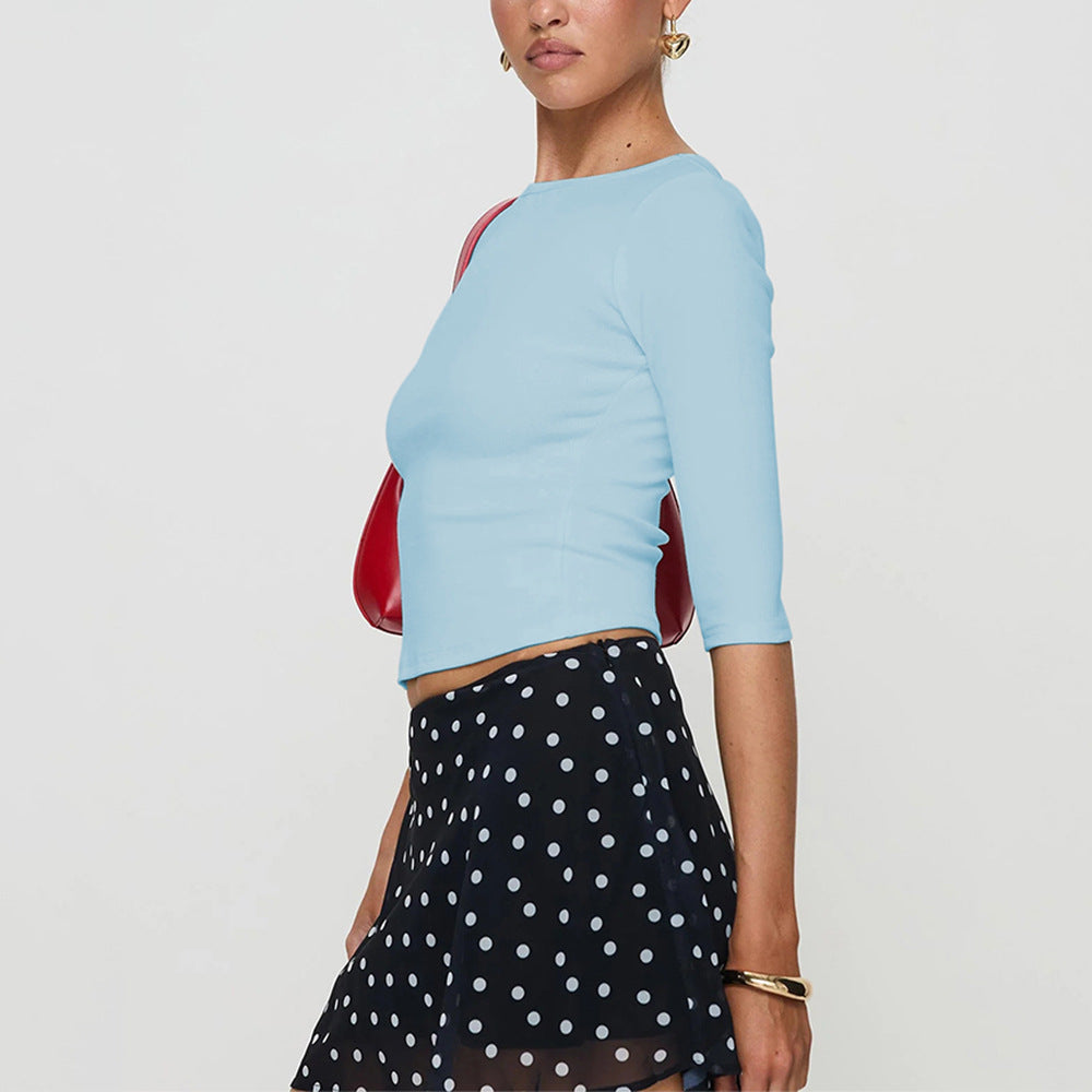 Exportfashion style korean style light blue silm three-quarter sleeves spring and summer new arrivalpure colorsweetcrop toptops for women