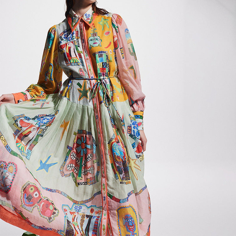 cross-border e-commerce european and american women's clothing: new summer collection - vintage lantern sleeve printed long-sleeve pleated dress
