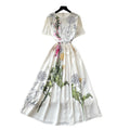Elegant hand-painted print round neck dress - women's summer slimming a-line maxi dress