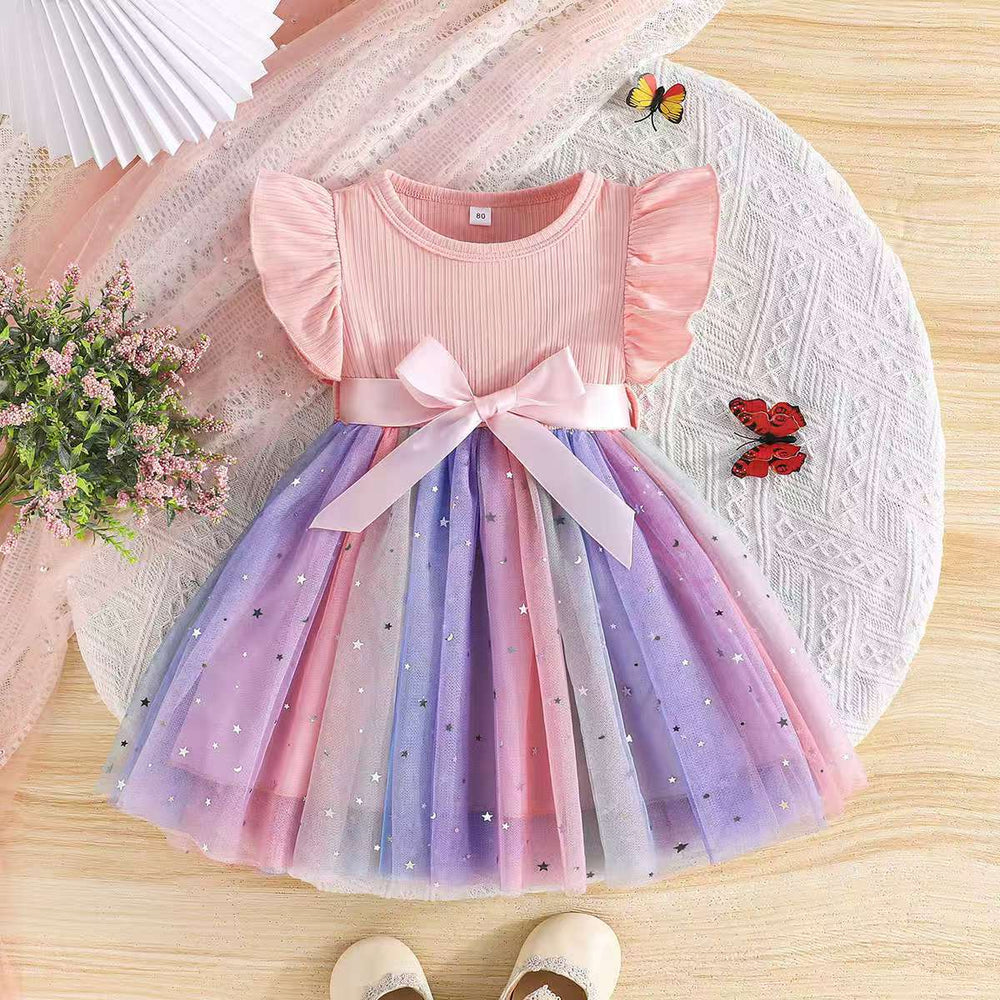 Children's clothingfashionsweet girl flying sleeves bows mesh summerdressfashion