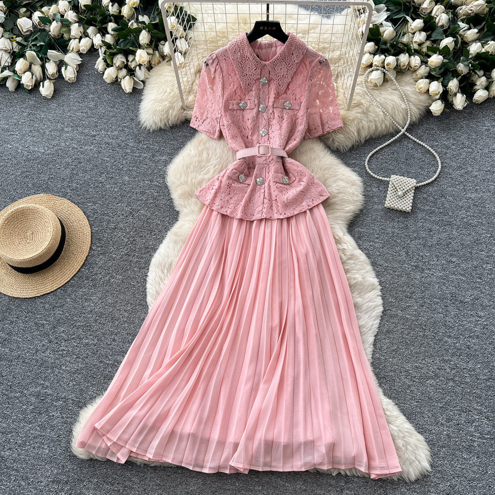 French chic yellow turn-down collar lace patchwork dress - women's summer elegant commute pleated maxi dress