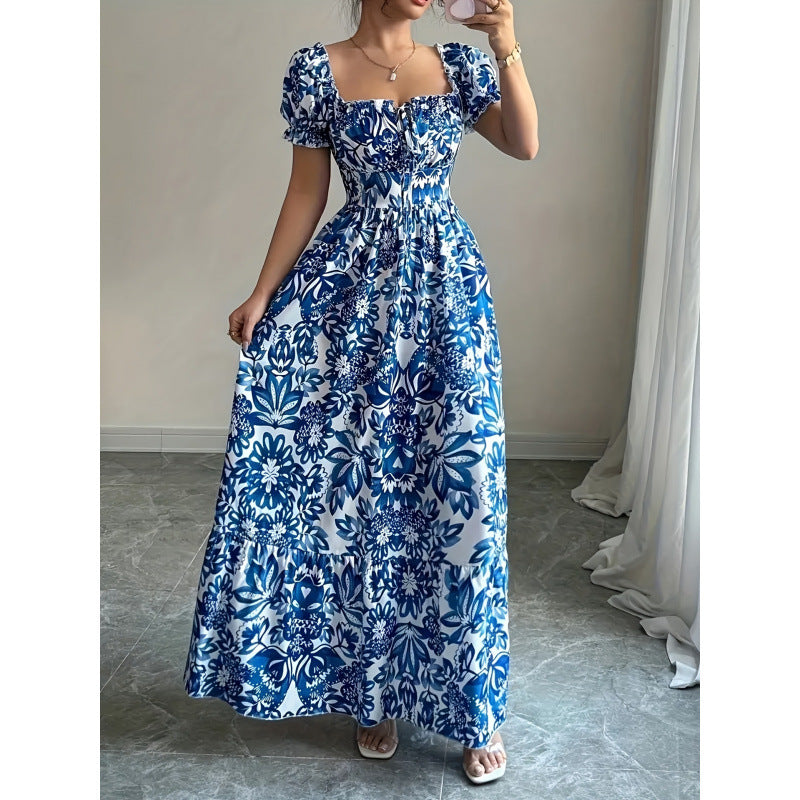code new arrival  original women's square collar puff sleeves floralsprinting waist a-line skirt
