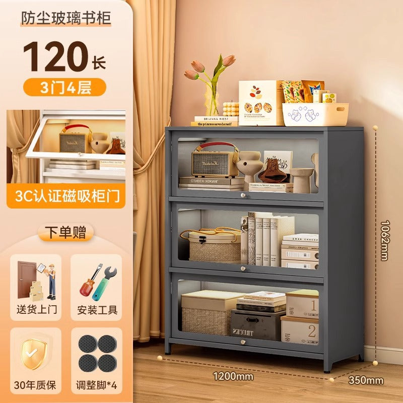 Steel bookcase with glass doors, kids' bookshelf, home living room storage cabinet, dustproof display cabinet, iron art shelf