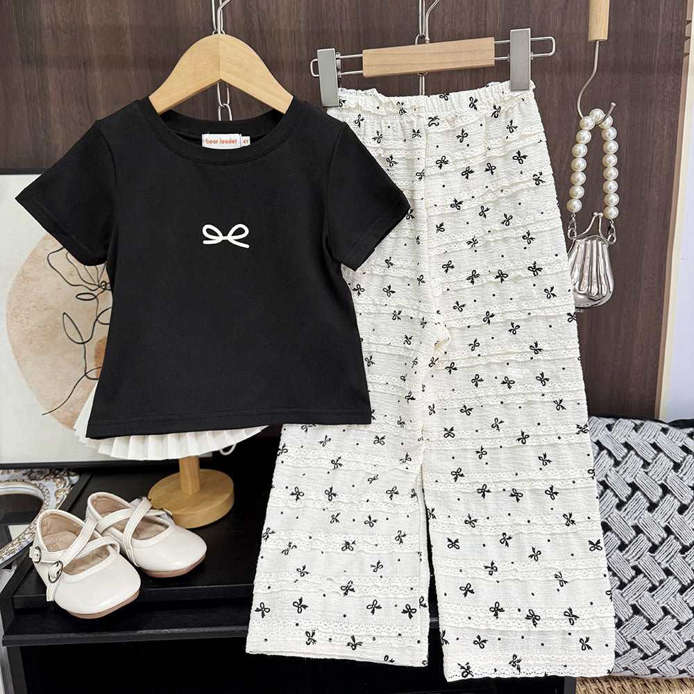 Girls' short-sleeve outfit:  summer new arrival - stylish korean style bow top and wide-leg pants set for kids