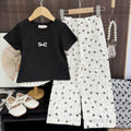 Girls' short-sleeve outfit:  summer new arrival - stylish korean style bow top and wide-leg pants set for kids