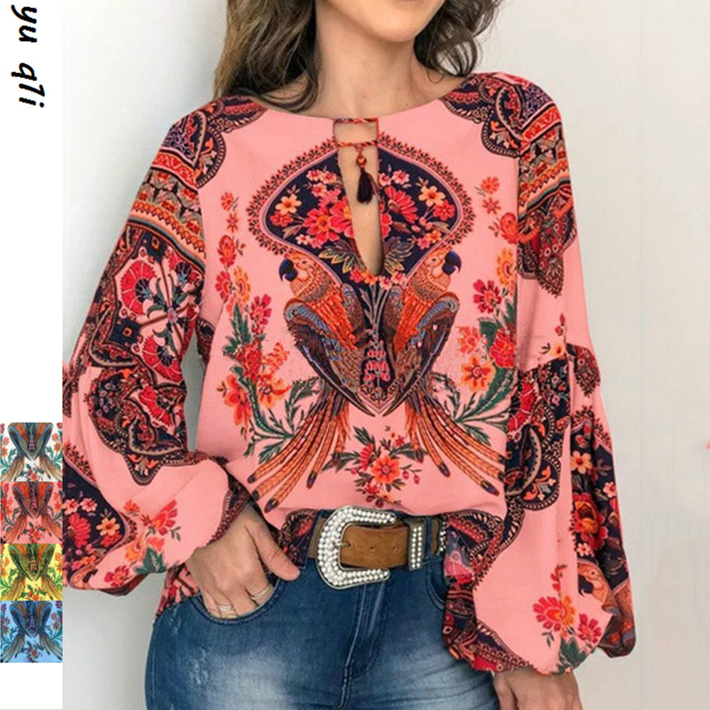 spring/summer new women's fashion: unique digital print round neck lantern sleeve blouse 5006 - large inventory available now