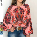 spring/summer new women's fashion: unique digital print round neck lantern sleeve blouse 5006 - large inventory available now