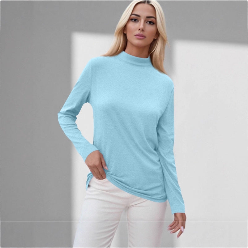 cross-border new women's long-sleeve t-shirt: everyday casual, mid-neck, solid color top, base layer - in stock