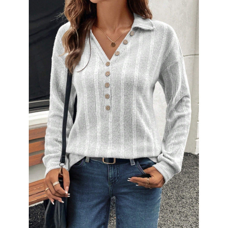 women's cross-border ribbed knit v-neck sweater - stand collar half-open long sleeve casual pullover