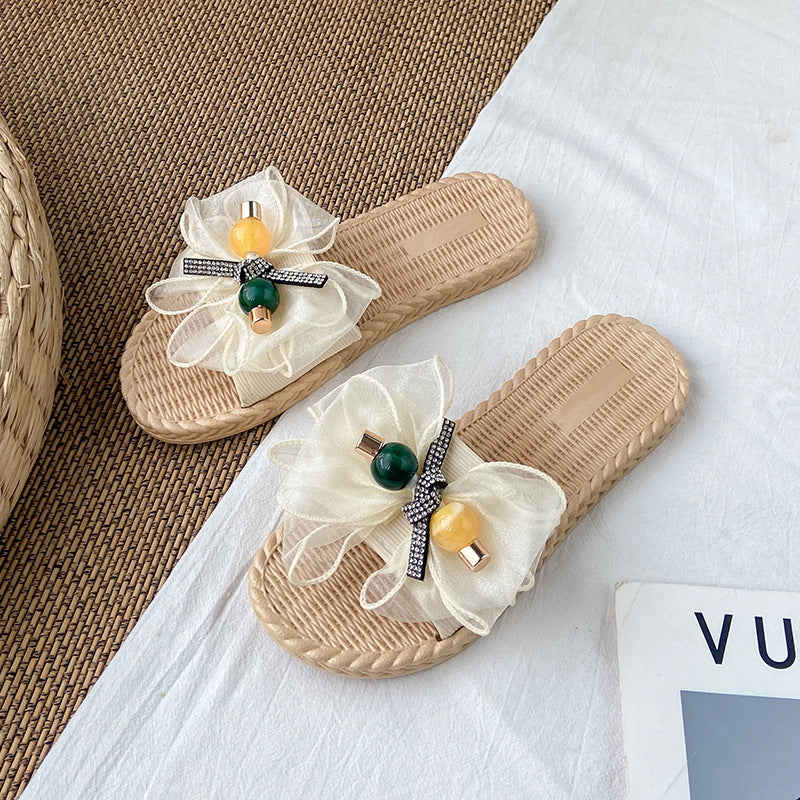 Women's sandals & slippers - 2021 summer new arrivals: fairycore style, bow accent, outdoor wear, vacation beach, flat one-strap slides