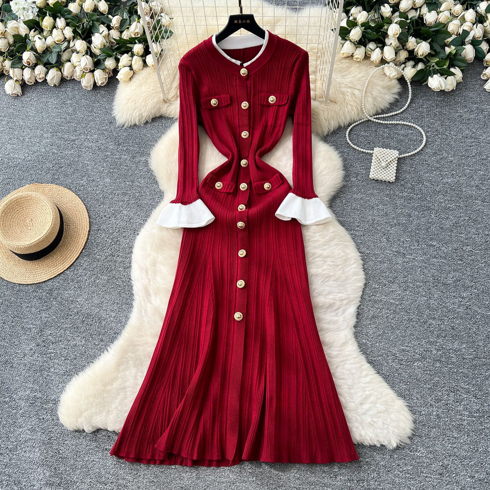 French chic color block crew neck flared sleeve single-breasted cinched waist knit dress - women's autumn slim-fit sweater dress