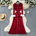 French chic color block crew neck flared sleeve single-breasted cinched waist knit dress - women's autumn slim-fit sweater dress
