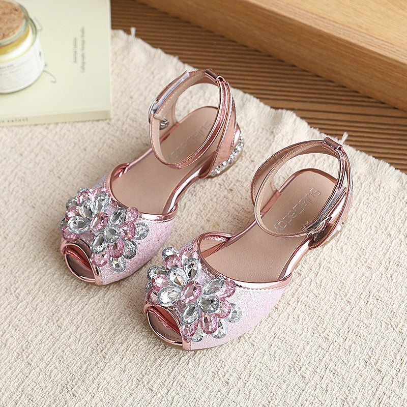 Girls' sandals summer children's princess shoes silver crystal shoes with dress baby girl kids' shoes stylish performance sandals