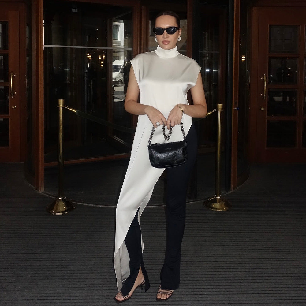 European and American ins style  new elegant semi-turtleneck satin sleeveless top solid color slim-fitting diagonal cut drape T-shirt