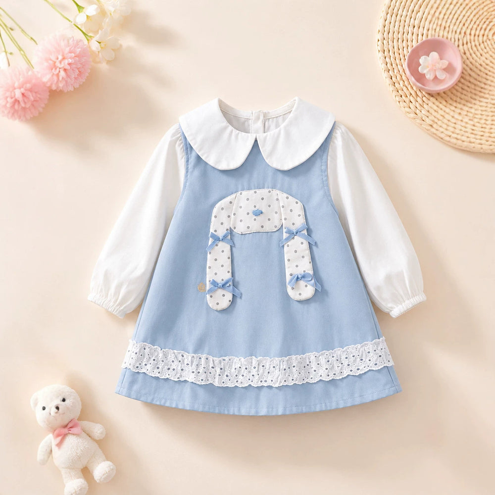 Girls' dress - spring/autumn  new collection - baby girl faux two-piece doll collar princess dress - stylish bunny dress for toddlers