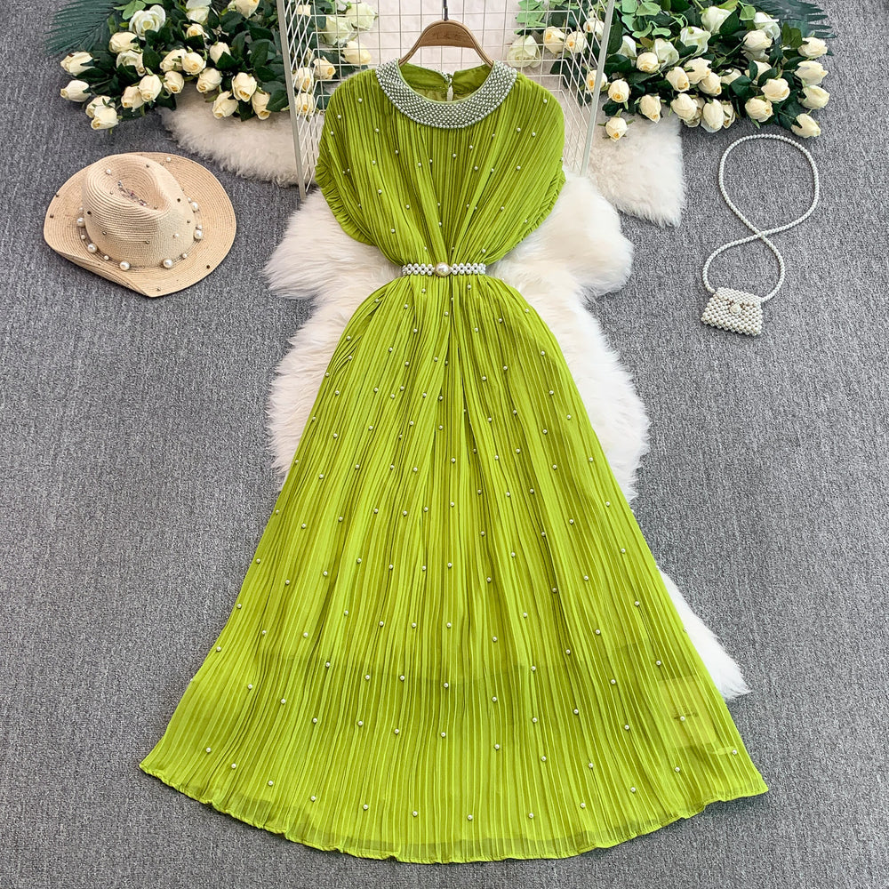 European and american light luxury socialite beaded round neck dress - women's summer slimming pleated elegant long gown