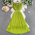 European and american light luxury socialite beaded round neck dress - women's summer slimming pleated elegant long gown