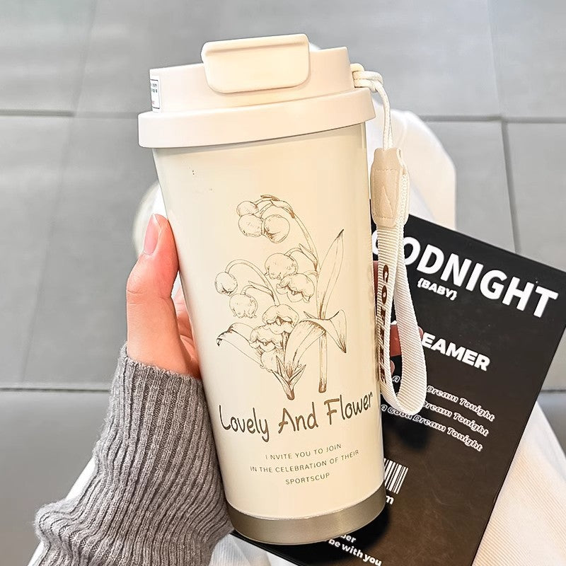 New 316 stainless steel lily of the valley insulated tumbler - stylish, portable coffee mug with dual-drink straw