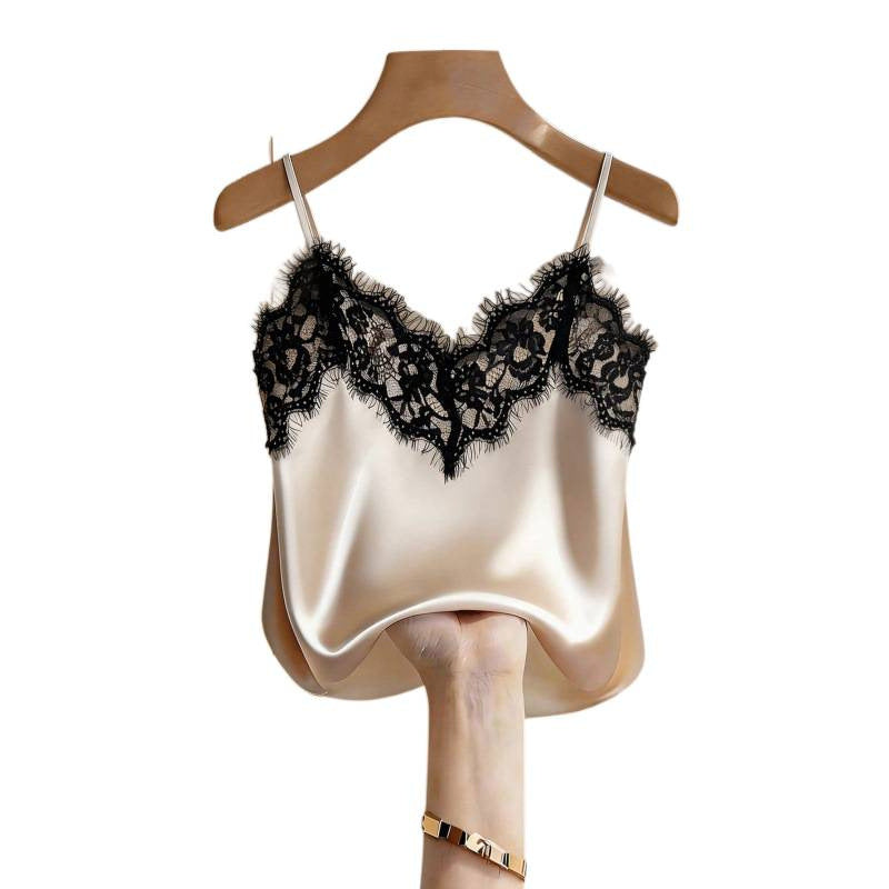 Women's summer new french chic fashion lace trim knitted satin camisole