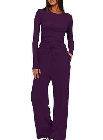 cross-border fashion  new product pure color casuallong sleevessuittopshigh waistloose pants sportswear